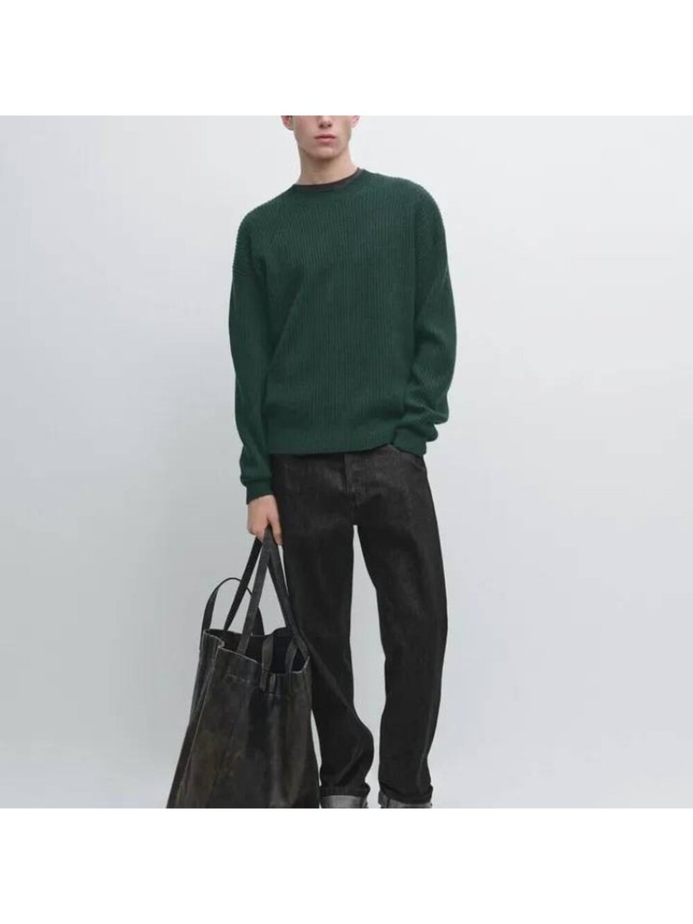 Massimo Dutti Mens Green Ribbed Crewneck Sweater 100% wool Large 1142/222